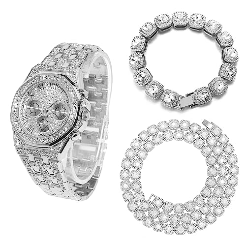 Halukakah Diamant Golduhr für Männer, Platin Weißgold Plattiert 20mm Breite Quarz Armband 22cm,mit Diamant-Cluster Tennis-Ketten Armband 20cm + Halskette 45cm,mit Geschenkbox von Halukakah