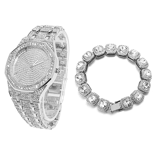 Halukakah Diamant Golduhr für Männer, Platin Weißgold Plattiert Quarz Armband 22cm Achteckiges Zifferblatt,mit Diamant-Cluster Tennis-Ketten Armband 20cm,mit Geschenkbox von Halukakah