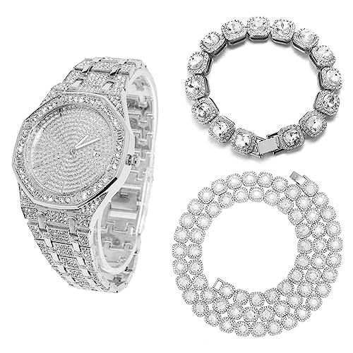 Halukakah Diamant Golduhr für Männer, Platin Weißgold Plattiert Quarz Armband 22cm Achteckiges Zifferblatt,mit Diamant-Cluster Tennis-Ketten Armband 20cm + Halskette 45cm,mit Geschenkbox Halukakah Diamant Golduhr für Männer, Platin Weißgold Plattiert Quarz Armband 22cm Achteckiges Zifferblatt,mit Diamant-Cluster Tennis-Ketten Armband 20cm + Halskette 45cm,mit Geschenkbox von Halukakah