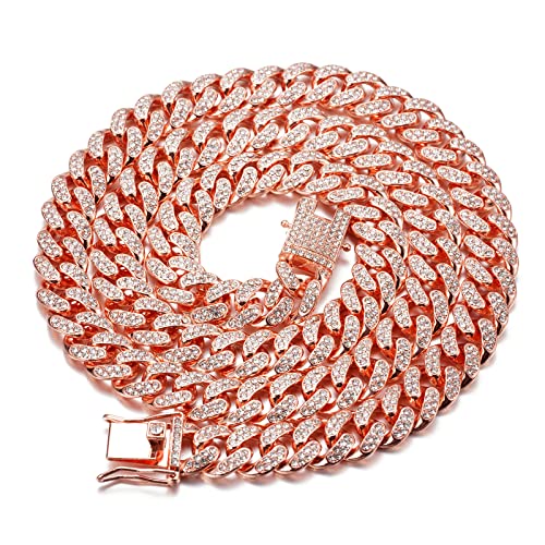 Halukakah Diamant Kubanische Kette für Damen Mädchen,13.5MM Rose Vergoldet Halsband Halskette 45cm,Labordiamanten Hand Eingelegt,mit Geschenkbox von Halukakah