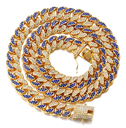 Halukakah Diamant Kubanische Kette für Männer,14MM Fuji Herren Goldkette Iced Out Miami 18 Karat Echt Vergoldet Halsband Halskette 40cm,Voll Diamanten Blau & Klar Zinken-Set,Geschenk für Ihn von Halukakah