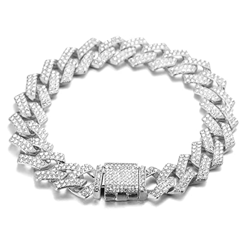 Halukakah Diamant Kubanische Kette für Männer in Platin Weiß Vergoldet Sterling Silber Vermeil 15MM Raute Goldkette Armband 20cm,Lab-Diamanten Zinken Gesetzt,mit Geschenkbox von Halukakah