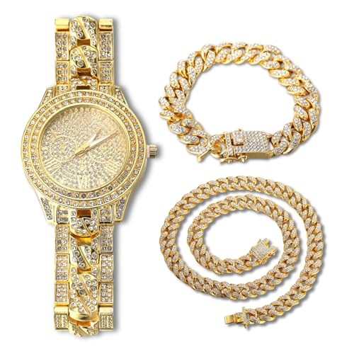 Halukakah Diamant Vergoldete Uhr, Herren 18 Karat Echt Vergoldet Kubanische Kette Eingelegtes Band Quarz Armband 24cm,mit Kubanischer Kette 20cm Armband + 45cm Halskette,Volle Cz Labordiamants von Halukakah