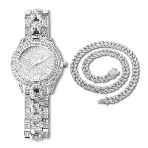 Halukakah Diamant Vergoldete Uhr, Herren Platin Weißgold Plattierte Kubanische Kette Eingelegtes Band Quarz Armband 24cm,mit Kubanischer Kette 45cm Halskette,Volle Cz Labordiamants von Halukakah