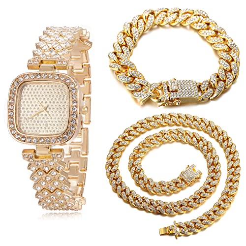 Halukakah Diamanten Gold Uhr, Damen 18K Echtes Gold Plattiert 30MM Breite Quadratisches Zifferblatt Quarz Armband 19cm mit Kubanischer Kette 18+40cm Halskette Armband,Kostenlose Geschenkbox von Halukakah