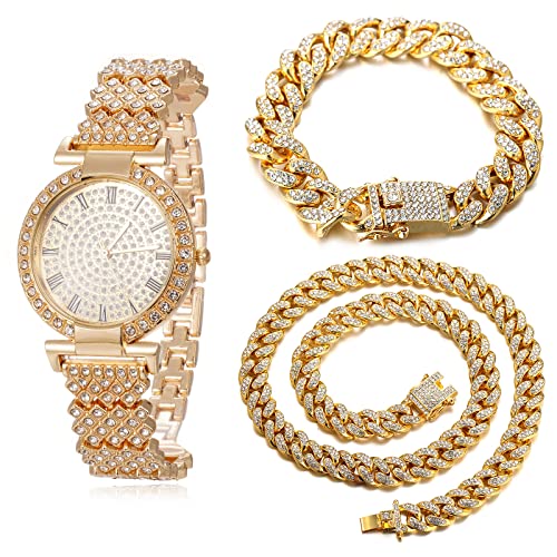 Halukakah Diamanten Gold Uhr, Damen 18K Echtes Gold Plattiert 33MM Breite Round Zifferblatt Quarz Armband 19cm mit Kubanischer Kette 18+40cm Halskette Armband,Kostenlose Geschenkbox von Halukakah