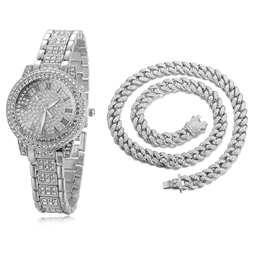 Halukakah Diamanten Gold Uhr, Damen Platinplattiert Weißgold 30MM Breite Round Zifferblatt Quarz Armband 19cm mit Kubanischer Kette 40cm Necklace,Kostenlose Geschenkbox von Halukakah