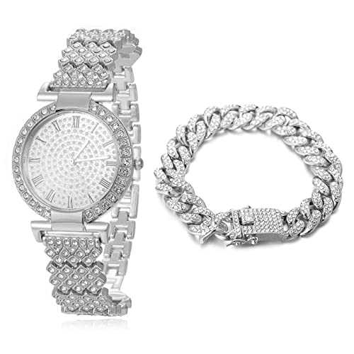 Halukakah Diamanten Gold Uhr, Damen Platinplattiert Weißgold 33MM Breite Round Zifferblatt Quarz Armband 19cm mit Kubanischer Kette 18cm Bracelet,Kostenlose Geschenkbox Halukakah Diamanten Gold Uhr, Damen Platinplattiert Weißgold 33MM Breite Round Zifferblatt Quarz Armband 19cm mit Kubanischer Kette 18cm Bracelet,Kostenlose Geschenkbox von Halukakah