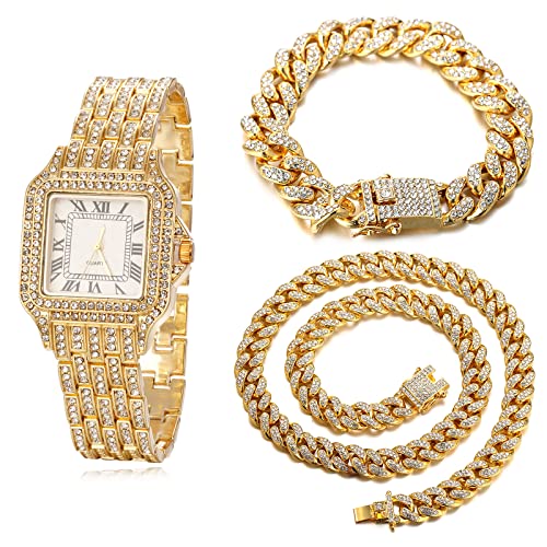 Halukakah Diamanten Gold Uhr, Herren 18K Echtes Gold Plattiert 33MM Breite Breite Quadratisches Zifferblatt Quarz Armband 20cm mit Kubanischer Kette 20+45cm Halskette Armband,Kostenlose Geschenkbox von Halukakah