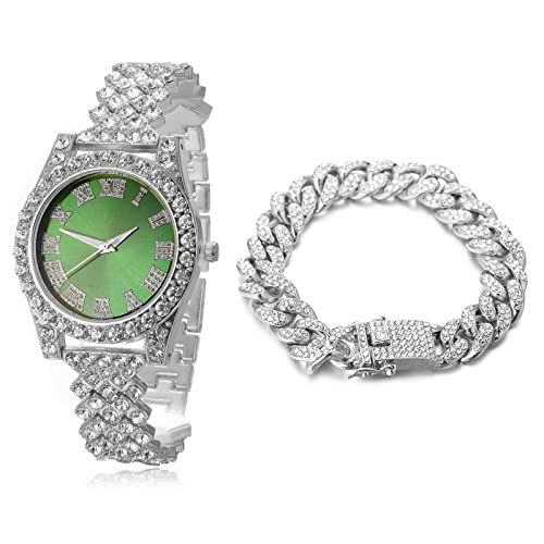 Halukakah Diamanten Gold Uhr, Kinder Platinplattiert Weißgold 36MM Breite Grün Zifferblatt Quarz Armband 20cm mit Kubanischer Kette 18cm Bracelet,Kostenlose Geschenkbox von Halukakah