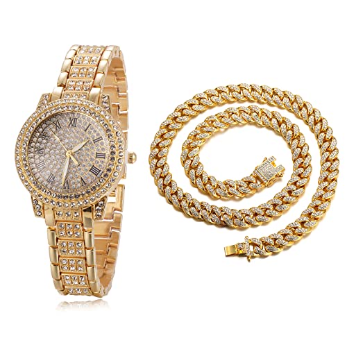 Halukakah Diamanten Gold Uhr, Damen 18K Echtes Gold Plattiert 30MM Breite Round Zifferblatt Quarz Armband 19cm mit Kubanischer Kette 40cm Necklace,Kostenlose Geschenkbox von Halukakah