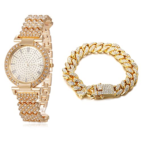 Halukakah Diamanten Gold Uhr,Damen 18K Echtes Gold Plattiert 33MM Breite Round Zifferblatt Quarz Armband 19cm mit Kubanischer Kette 18cm Bracelet,Kostenlose Geschenkbox von Halukakah