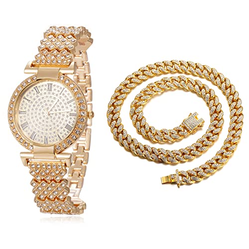 Halukakah Diamanten Gold Uhr,Damen 18K Echtes Gold Plattiert 33MM Breite Round Zifferblatt Quarz Armband 19cm mit Kubanischer Kette 40cm Necklace,Kostenlose Geschenkbox Halukakah Diamanten Gold Uhr,Damen 18K Echtes Gold Plattiert 33MM Breite Round Zifferblatt Quarz Armband 19cm mit Kubanischer Kette 40cm Necklace,Kostenlose Geschenkbox von Halukakah