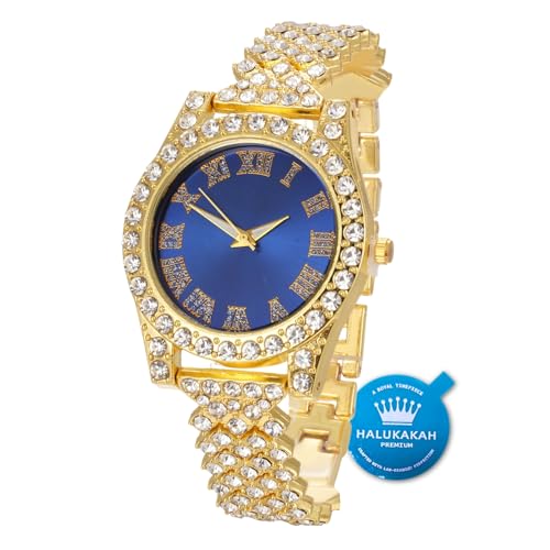 Halukakah Diamanten Gold Uhr,Damen 18K Echtes Gold Plattiert 36MM Breite Blau Zifferblatt Quarz Armband 20cm,Kostenlose Geschenkbox von Halukakah