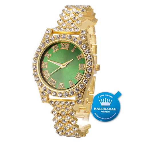 Halukakah Diamanten Gold Uhr,Damen 18K Echtes Gold Plattiert 36MM Breite Grün Zifferblatt Quarz Armband 20cm,Kostenlose Geschenkbox von Halukakah