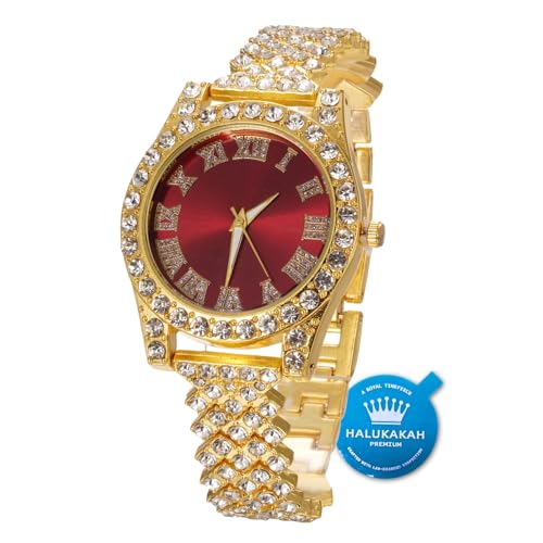 Halukakah Diamanten Gold Uhr,Damen 18K Echtes Gold Plattiert 36MM Breite Rot Zifferblatt Quarz Armband 20cm,Kostenlose Geschenkbox von Halukakah