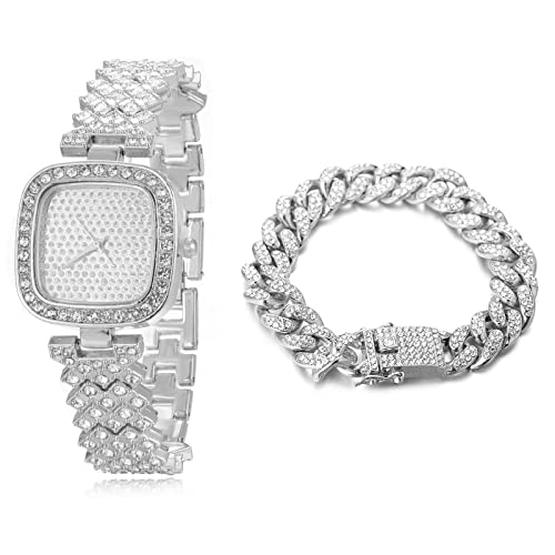 Halukakah Diamanten Gold Uhr,Damen Platinplattiert Weißgold 30MM Breite Quadratisches Zifferblatt Quarz Armband 19cm mit Kubanischer Kette 18cm Bracelet,Kostenlose Geschenkbox von Halukakah