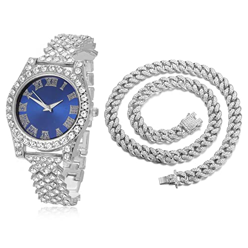 Halukakah Diamanten Gold Uhr,Damen Platinplattiert Weißgold 36MM Breite Blau Zifferblatt Quarz Armband 20cm mit Kubanischer Kette 40cm Nacklace,Kostenlose Geschenkbox von Halukakah