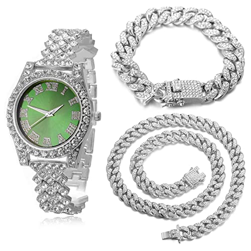 Halukakah Diamanten Gold Uhr, Damen Platinplattiert Weißgold 36MM Breite Grün Zifferblatt Quarz Armband 20cm mit Kubanischer Kette 18+40cm Halskette Armband,Kostenlose Geschenkbox Halukakah Diamanten Gold Uhr, Damen Platinplattiert Weißgold 36MM Breite Grün Zifferblatt Quarz Armband 20cm mit Kubanischer Kette 18+40cm Halskette Armband,Kostenlose Geschenkbox von Halukakah