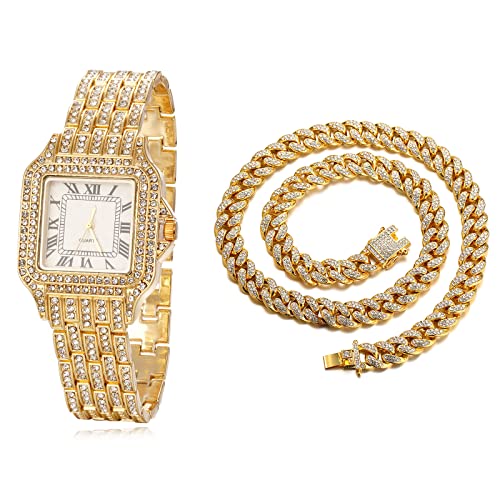 Halukakah Diamanten Gold Uhr,Herren 18K Echtes Gold Plattiert 33MM Breite Breite Quadratisches Zifferblatt Quarz Armband 20cm mit Kubanischer Kette 45cm Necklace,Kostenlose Geschenkbox von Halukakah