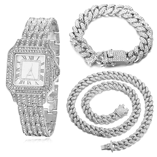 Halukakah Diamanten Gold Uhr, Herren Platinplattiert Weißgold 33MM Breite Breite Quadratisches Zifferblatt Quarz Armband 20cm mit Kubanischer Kette 20+45cm Halskette Armband,Kostenlose Geschenkbox Halukakah Diamanten Gold Uhr, Herren Platinplattiert Weißgold 33MM Breite Breite Quadratisches Zifferblatt Quarz Armband 20cm mit Kubanischer Kette 20+45cm Halskette Armband,Kostenlose Geschenkbox von Halukakah