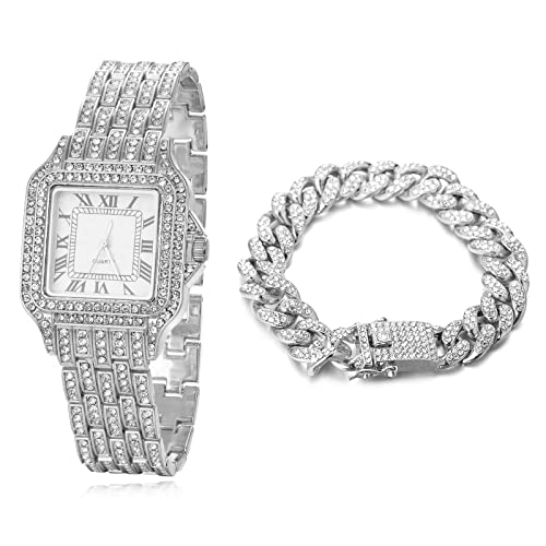 Halukakah Diamanten Gold Uhr,Herren Platinplattiert Weißgold 33MM Breite Breite Quadratisches Zifferblatt Quarz Armband 20cm mit Kubanischer Kette 20cm Bracelet,Kostenlose Geschenkbox von Halukakah