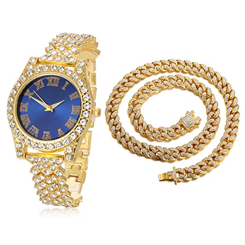 Halukakah Diamanten Gold Uhr,Kinder 18K Echtes Gold Plattiert 36MM Breite Blau Zifferblatt Quarz Armband 20cm mit Kubanischer Kette 40cm Nacklace,Kostenlose Geschenkbox von Halukakah