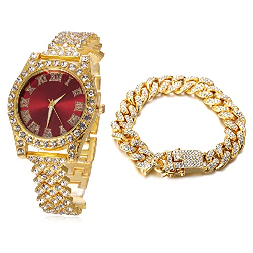 Halukakah Diamanten Gold Uhr,Kinder 18K Echtes Gold Plattiert 36MM Breite Rot Zifferblatt Quarz Armband 20cm mit Kubanischer Kette 18cm Bracelet,Kostenlose Geschenkbox von Halukakah