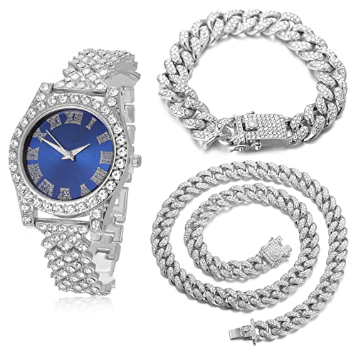 Halukakah Diamanten Gold Uhr, Kinder Platinplattiert Weißgold 36MM Breite Blau Zifferblatt Quarz Armband 20cm mit Kubanischer Kette 18+40cm Halskette Armband,Kostenlose Geschenkbox von Halukakah