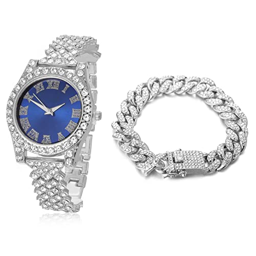 Halukakah Diamanten Gold Uhr,Kinder Platinplattiert Weißgold 36MM Breite Blau Zifferblatt Quarz Armband 20cm mit Kubanischer Kette 18cm Bracelet,Kostenlose Geschenkbox von Halukakah