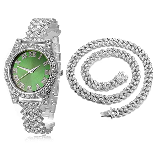 Halukakah Diamanten Gold Uhr,Kinder Platinplattiert Weißgold 36MM Breite Grün Zifferblatt Quarz Armband 20cm mit Kubanischer Kette 40cm Nacklace,Kostenlose Geschenkbox von Halukakah