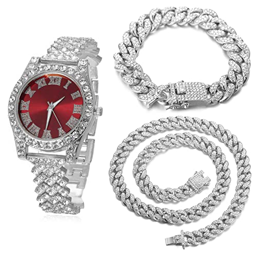 Halukakah Diamanten Gold Uhr, Kinder Platinplattiert Weißgold 36MM Breite Rot Zifferblatt Quarz Armband 20cm mit Kubanischer Kette 18+40cm Halskette Armband,Kostenlose Geschenkbox von Halukakah