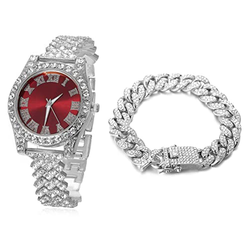 Halukakah Diamanten Gold Uhr,Kinder Platinplattiert Weißgold 36MM Breite Rot Zifferblatt Quarz Armband 20cm mit Kubanischer Kette 18cm Bracelet,Kostenlose Geschenkbox von Halukakah