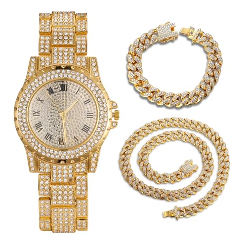 Halukakah Diamanten Gold Uhr Iced Out,Herren 18k Echtgold Plattiert 39MM Breites Rundes Zifferblatt Quarz 22,5cm,mit Cuban Gliederketten 20cm Armband + 45cm Halskette Set,Kommt mit Geschenkbox von Halukakah