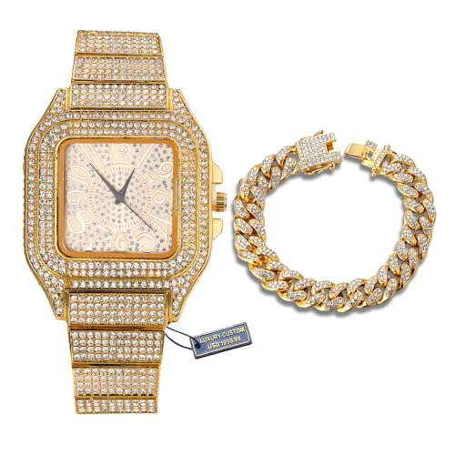 Halukakah Diamanten Gold Uhr Iced Out,Herren 18k Echtgold Plattiert Zifferblatt mit Arabischen Zahlen Quarz 22cm,mit Cuban Gliederkette 20cm Armband Set,Kommt mit Geschenkbox von Halukakah