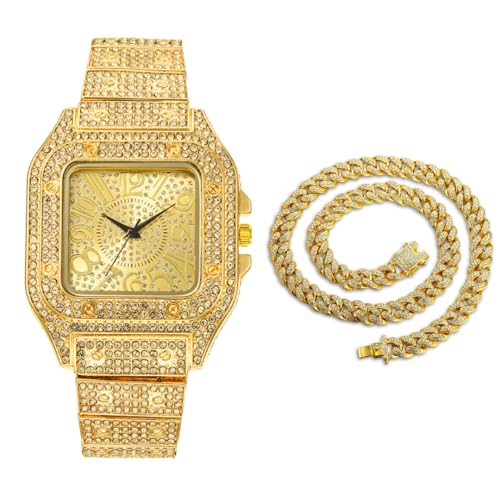 Halukakah Diamanten Gold Uhr Iced Out,Herren 18k Echtgold Plattiert Zifferblatt mit Arabischen Zahlen Quarz 22cm,mit Cuban Gliederkette 45cm Halskette Set,Kommt mit Geschenkbox von Halukakah