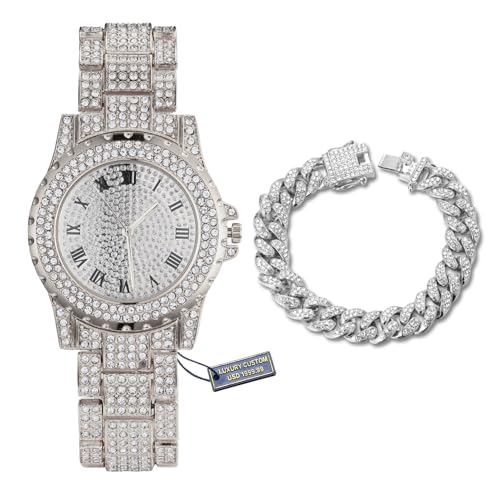 Halukakah Diamanten Gold Uhr Iced Out,Herren Platin Weißgold Plattiert 39MM Breites Rundes Zifferblatt Quarz 22,5cm,mit Cuban Gliederkette 20cm Armband Set,Kommt mit Geschenkbox von Halukakah