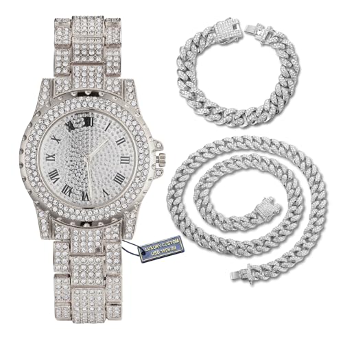 Halukakah Diamanten Gold Uhr Iced Out,Herren Platin Weißgold Plattiert 39MM Breites Rundes Zifferblatt Quarz 22,5cm,mit Cuban Gliederketten 20cm Armband + 45cm Halskette Set,Kommt mit Geschenkbox von Halukakah