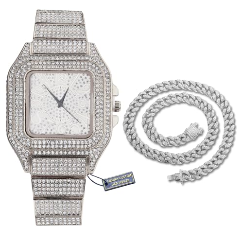 Halukakah Diamanten Gold Uhr Iced Out,Herren Platin Weißgold Plattiert Zifferblatt mit Arabischen Zahlen Quarz 22cm,mit Cuban Gliederkette 45cm Halskette Set,Kommt mit Geschenkbox von Halukakah