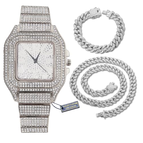 Halukakah Diamanten Gold Uhr Iced Out,Herren Platin Weißgold Plattiert Zifferblatt mit Arabischen Zahlen Quarz 22cm,mit Cuban Gliederketten 20cm Armband + 45cm Halskette Set,Kommt mit Geschenkbox von Halukakah