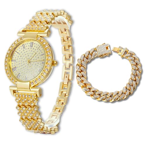 Halukakah Diamanten-Gold-Uhr Iced Out für Jungen - 18K Echtgold Platiniert,31mm Rund Zifferblatt,Japanisches Quarzwerk - 20.5cm Länge,mit 18cm Cuban-Kette & Anpassungswerkzeug - für Geburtstage,Partys Halukakah Diamanten-Gold-Uhr Iced Out für Jungen - 18K Echtgold Platiniert,31mm Rund Zifferblatt,Japanisches Quarzwerk - 20.5cm Länge,mit 18cm Cuban-Kette & Anpassungswerkzeug - für Geburtstage,Partys von Halukakah
