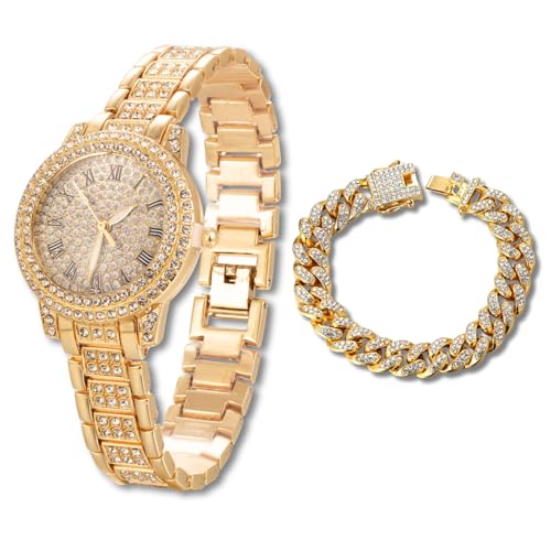 Halukakah Diamanten-Gold-Uhr Iced Out für Jungen - 18K Echtgold Platiniert,32mm Rund Zifferblatt,Japanisches Quarzwerk - 19.5cm Länge,mit 18cm Cuban-Kette & Anpassungswerkzeug - für Geburtstage,Partys Halukakah Diamanten-Gold-Uhr Iced Out für Jungen - 18K Echtgold Platiniert,32mm Rund Zifferblatt,Japanisches Quarzwerk - 19.5cm Länge,mit 18cm Cuban-Kette & Anpassungswerkzeug - für Geburtstage,Partys von Halukakah