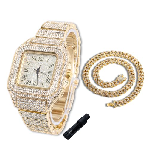 Halukakah Diamanten-Gold-Uhr Iced Out für Jungen - 18K Echtgold Platiniert,40mm Quadrat Zifferblatt,Japanisches Quarzwerk - 20cm Länge,mit 40cm Cuban-Kette & Anpassungswerkzeug -für Geburtstage,Partys von Halukakah