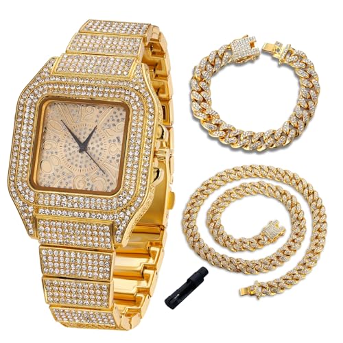 Halukakah Diamanten-Gold-Uhr Iced Out für Jungen - 18K Echtgold Platiniert,Eckiges Zifferblatt mit Arabischen Zahlen,Japanisches Quarzwerk - 18.5cm Länge,mit 18+40cm Cuban-Ketten & Anpassungswerkzeug von Halukakah