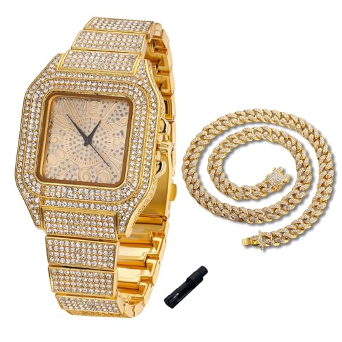 Halukakah Diamanten-Gold-Uhr Iced Out für Jungen - 18K Echtgold Platiniert,Eckiges Zifferblatt mit Arabischen Zahlen,Japanisches Quarzwerk - 18.5cm Länge,mit 40cm Cuban-Kette & Anpassungswerkzeug von Halukakah