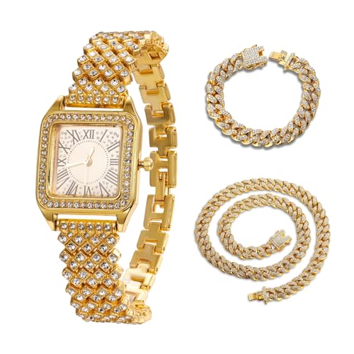 Halukakah Diamanten Gold Uhr Iced Out für Jungen - 18K Echtgold Platiniert,Quadratisches Zifferblatt mit Römischen Zahlen,Japanisches Quarzwerk - 19,5cm Länge - Kommt mit Cuban-Ketten 18+40cm von Halukakah