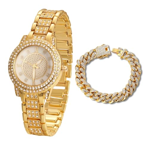 Halukakah Diamanten Gold Uhr Iced Out für Jungen - 18K Echtgold Platiniert,Rundes Zifferblatt mit Gypsophila-Strasssteinen,Japanisches Quarzwerk - 19,5cm Länge - Kommt mit Cuban-Kette 18cm -für Partys von Halukakah