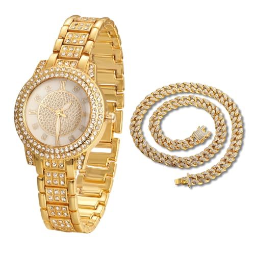 Halukakah Diamanten Gold Uhr Iced Out für Jungen - 18K Echtgold Platiniert,Rundes Zifferblatt mit Gypsophila-Strasssteinen,Japanisches Quarzwerk - 19,5cm Länge - Kommt mit Cuban-Kette 40cm -für Partys von Halukakah