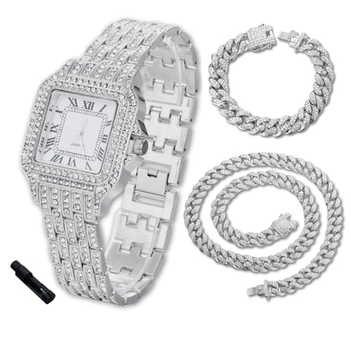 Halukakah Diamanten-Gold-Uhr Iced Out für Jungen - Platin Platiniert,31mm Quadrat Zifferblatt,Japanisches Quarzwerk - 20.5cm Länge,mit 18+40cm Cuban-Ketten & Anpassungswerkzeug -für Geburtstage,Partys von Halukakah