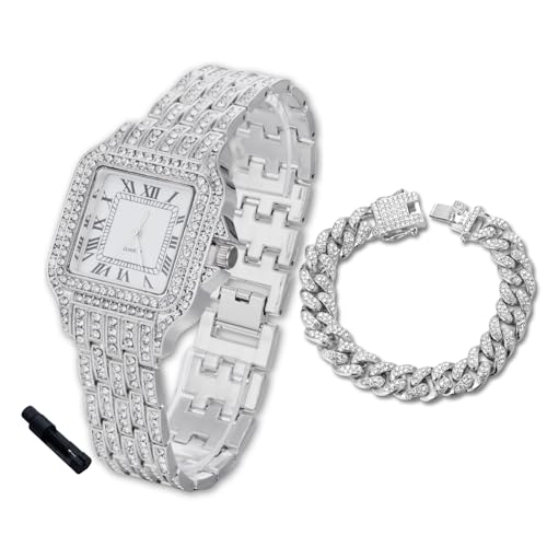 Halukakah Diamanten-Gold-Uhr Iced Out für Jungen - Platin Platiniert,31mm Quadrat Zifferblatt,Japanisches Quarzwerk - 20.5cm Länge,mit 18cm Cuban-Kette & Anpassungswerkzeug - für Geburtstage,Partys von Halukakah